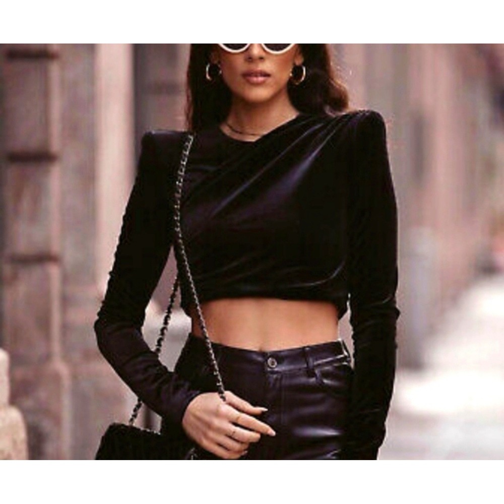 Zara Structured Velvet Blouse Crop Top Long Sleeve‎ 90's M